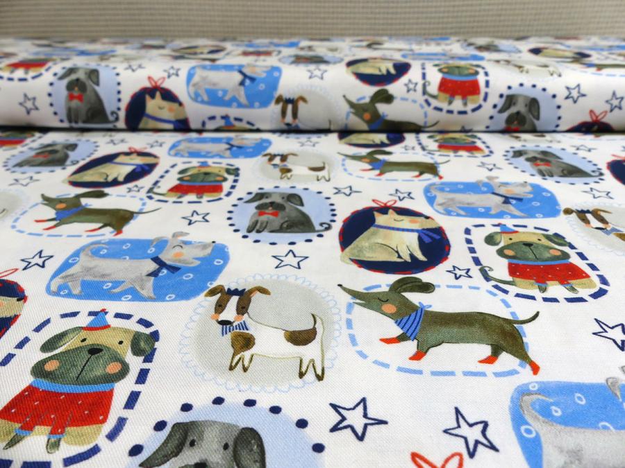 Patchworkstoff mit Hunden und Zicklein